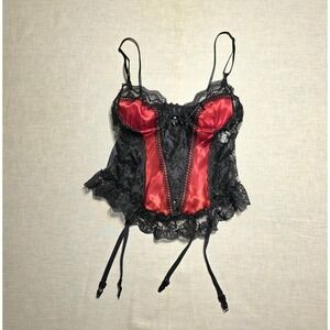 Nan Flower Lingerie Bustier Womens Small Black Red Lace Satin Goth Rave Y2k